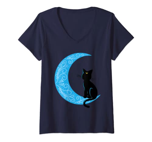 Damen Schwarze Katze Halbmond Mond Seemann Mama T-Shirt mit V-Ausschnitt von Cat Crescent Moon Black Sailor Tees