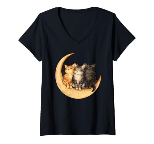 Damen Cats Crescent Moon Cute Cat Lover T-Shirt mit V-Ausschnitt von Cat Crescent Moon Cute Cat Lover Apparel
