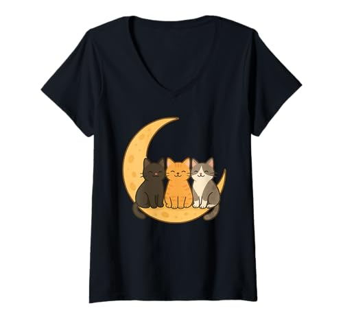Damen Cats Crescent Moon Cute Cat Lover T-Shirt mit V-Ausschnitt Damen Cats Crescent Moon Cute Cat Lover T-Shirt mit V-Ausschnitt von Cat Crescent Moon Cute Cat Lover Apparel