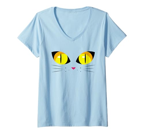 Damen Katze süßes Gesicht große gelbe Augen Halloween lustig T-Shirt mit V-Ausschnitt Damen Katze süßes Gesicht große gelbe Augen Halloween lustig T-Shirt mit V-Ausschnitt von Cat Cute Face Big Yellow Eyes Halloween Funny