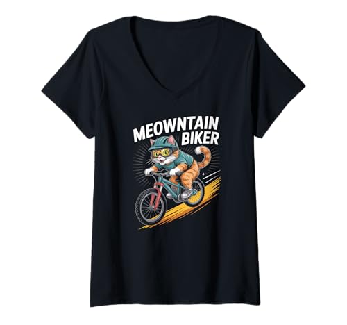 Damen Meowntain Biker-Katzen-Fahrradfahrt T-Shirt mit V-Ausschnitt Damen Meowntain Biker-Katzen-Fahrradfahrt T-Shirt mit V-Ausschnitt von Cat Cycling Enthusiast Fun Adventure