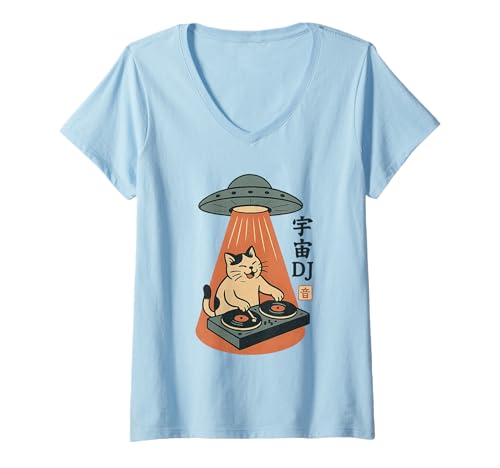 Damen Retro Japanische Katze DJ in UFO Sci-Fi T-Shirt mit V-Ausschnitt Damen Retro Japanische Katze DJ in UFO Sci-Fi T-Shirt mit V-Ausschnitt von Cat DJ UFO Retro Japanese Apparel