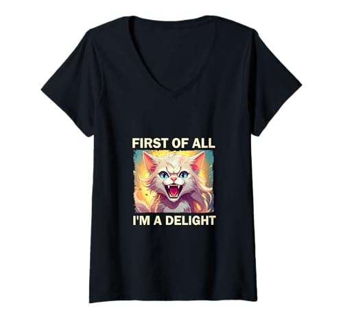 Damen Funny Cat - First of All I'm a Delight - Angry Kitten T-Shirt mit V-Ausschnitt von Cat Designs