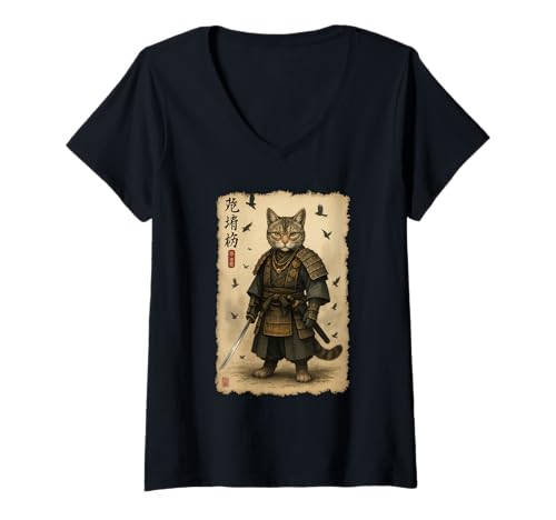 Damen Cat Dressed As A Samurai Japanese Vintage T-Shirt mit V-Ausschnitt von Cat Dressed As A Samurai Japanese Apparel
