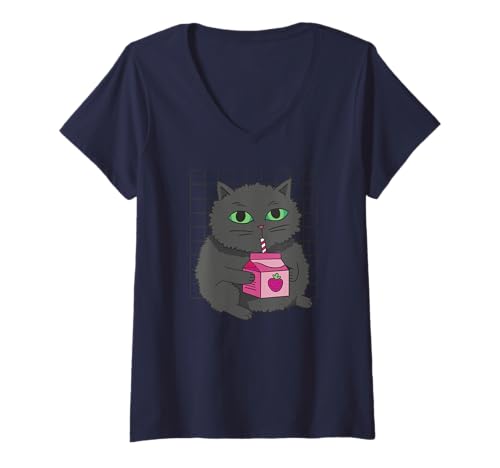 Damen Katze Trinken Milch - Lustige Katze T-Shirt mit V-Ausschnitt von Cat Drinking Milk