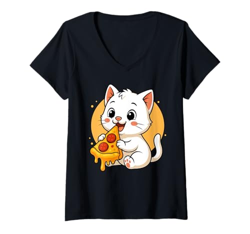 Damen Lustige Katze isst Pizza Grafik Jungen Mädchen Katzenliebhaber T-Shirt mit V-Ausschnitt Damen Lustige Katze isst Pizza Grafik Jungen Mädchen Katzenliebhaber T-Shirt mit V-Ausschnitt von Cat Eating Pizza Graphic Design