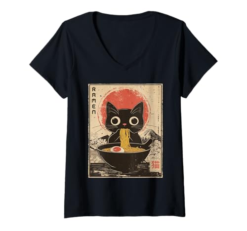 Damen Lustige Katze frisst Ramen Nudeln Japanische Kawaii Anime Katze T-Shirt mit V-Ausschnitt von Cat Eating Ramen Funny Cat Graphic For Anime Lover