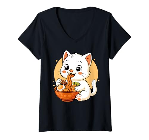 Damen Kawaii Cat Eating Ramen Grafik Japanische Katze Grafik T-Shirt mit V-Ausschnitt Damen Kawaii Cat Eating Ramen Grafik Japanische Katze Grafik T-Shirt mit V-Ausschnitt von Cat Eating Ramen Funny Japanese Kawaii Design