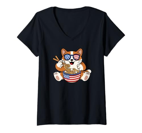 Damen Cat Eating Ramen USA - Lustige Katze T-Shirt mit V-Ausschnitt Damen Cat Eating Ramen USA - Lustige Katze T-Shirt mit V-Ausschnitt von Cat Eating Ramen USA