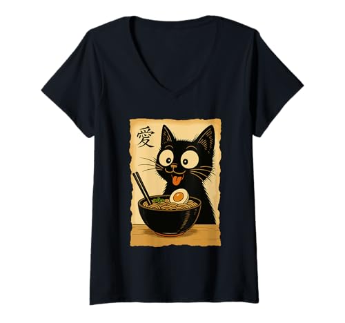 Damen Lustige Kawaii Schwarze Katze isst Ramen Nudeln Japanischer Anime T-Shirt mit V-Ausschnitt von Cat Eating Ramen Vintage Japanese Noodles