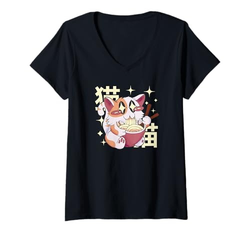 Damen Cat Eating Ramen - Lustige Katze T-Shirt mit V-Ausschnitt Damen Cat Eating Ramen - Lustige Katze T-Shirt mit V-Ausschnitt von Cat Eating Ramen