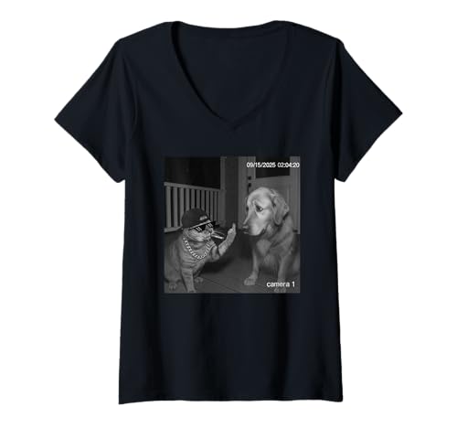 Damen Funny Cat Flipping Off Middle Finger On Security Camera T-Shirt mit V-Ausschnitt Damen Funny Cat Flipping Off Middle Finger On Security Camera T-Shirt mit V-Ausschnitt von Cat Flipping Off Middle Finger On Security Camera