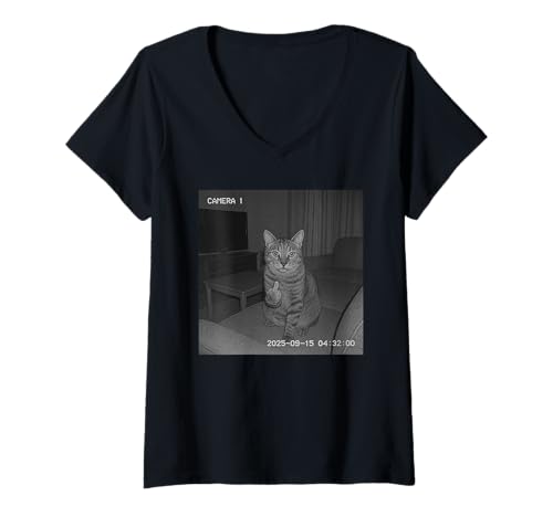 Damen Funny Cat Flipping Off Middle Finger On Security Camera T-Shirt mit V-Ausschnitt Damen Funny Cat Flipping Off Middle Finger On Security Camera T-Shirt mit V-Ausschnitt von Cat Flipping Off Middle Finger On Security Camera