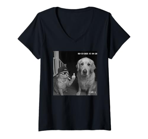 Damen Funny Cat Flipping Off Middle Finger On Security Camera T-Shirt mit V-Ausschnitt Damen Funny Cat Flipping Off Middle Finger On Security Camera T-Shirt mit V-Ausschnitt von Cat Flipping Off Middle Finger On Security Camera