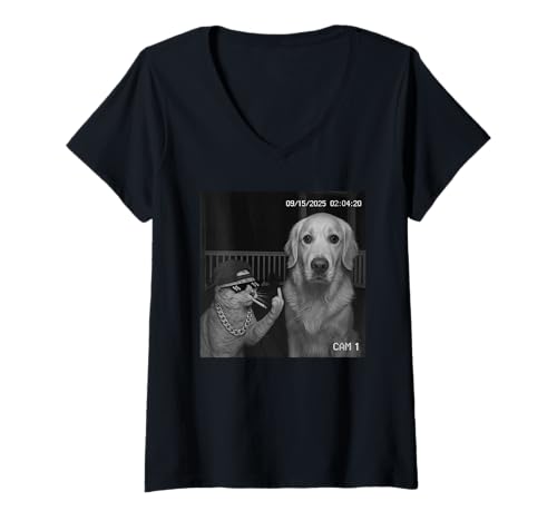 Damen Funny Cat Flipping Off Middle Finger On Security Camera T-Shirt mit V-Ausschnitt Damen Funny Cat Flipping Off Middle Finger On Security Camera T-Shirt mit V-Ausschnitt von Cat Flipping Off Middle Finger On Security Camera