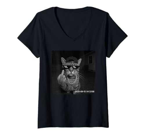 Damen Funny Cat Flipping Off Middle Finger On Security Camera T-Shirt mit V-Ausschnitt Damen Funny Cat Flipping Off Middle Finger On Security Camera T-Shirt mit V-Ausschnitt von Cat Flipping Off Middle Finger On Security Camera
