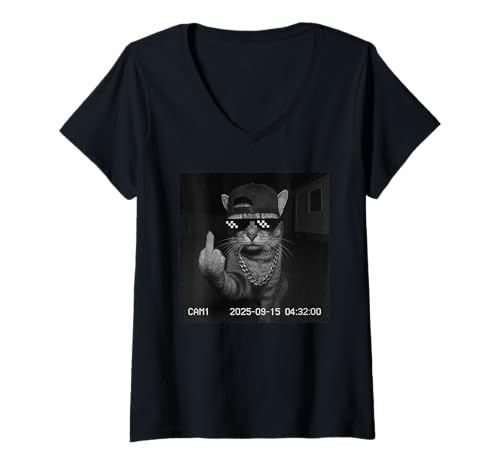 Damen Funny Cat Flipping Off Middle Finger On Security Camera T-Shirt mit V-Ausschnitt Damen Funny Cat Flipping Off Middle Finger On Security Camera T-Shirt mit V-Ausschnitt von Cat Flipping Off Middle Finger On Security Camera