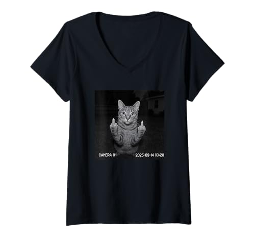 Damen Funny Cat Flipping Off Middle Finger On Security Camera T-Shirt mit V-Ausschnitt Damen Funny Cat Flipping Off Middle Finger On Security Camera T-Shirt mit V-Ausschnitt von Cat Flipping Off Middle Finger On Security Camera