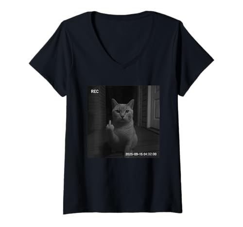 Damen Funny Cat Flipping Off Middle Finger On Security Camera T-Shirt mit V-Ausschnitt Damen Funny Cat Flipping Off Middle Finger On Security Camera T-Shirt mit V-Ausschnitt von Cat Flipping Off Middle Finger On Security Camera