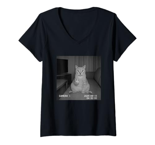 Damen Funny Cat Flipping Off Middle Finger On Security Camera T-Shirt mit V-Ausschnitt Damen Funny Cat Flipping Off Middle Finger On Security Camera T-Shirt mit V-Ausschnitt von Cat Flipping Off Middle Finger On Security Camera