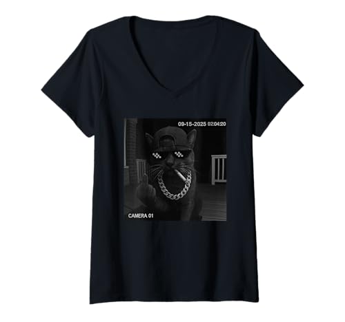 Damen Funny Cat Flipping Off Middle Finger On Security Camera T-Shirt mit V-Ausschnitt Damen Funny Cat Flipping Off Middle Finger On Security Camera T-Shirt mit V-Ausschnitt von Cat Flipping Off Middle Finger On Security Camera