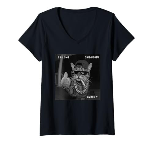Damen Funny Cat Flipping Off Middle Finger On Security Camera T-Shirt mit V-Ausschnitt Damen Funny Cat Flipping Off Middle Finger On Security Camera T-Shirt mit V-Ausschnitt von Cat Flipping Off Middle Finger On Security Camera