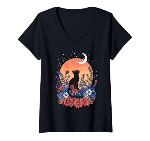 Damen Katzenschwanz Mondlicht Garten Kätzchen Pfote T-Shirt mit V-Ausschnitt Damen Katzenschwanz Mondlicht Garten Kätzchen Pfote T-Shirt mit V-Ausschnitt von Cat Floral Claw Pet Fur Shorthair Back Yard