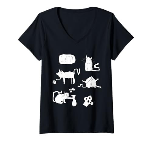 Damen Naive Katze Zeichnung Lustig Niedlich Verrücktes Haustier Kätzchen T-Shirt mit V-Ausschnitt Damen Naive Katze Zeichnung Lustig Niedlich Verrücktes Haustier Kätzchen T-Shirt mit V-Ausschnitt von Cat Fun Merch