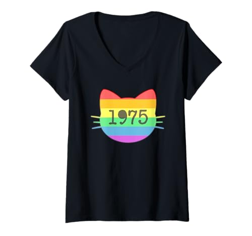 Damen Katze Geboren im Jahr 1975 Geburtstag Katzen-Mama Katze Papa T-Shirt mit V-Ausschnitt von Cat Funny Retro 1975