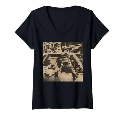 Damen Funny Cat Gang Meme Street sarkastischer Vintage T-Shirt mit V-Ausschnitt Damen Funny Cat Gang Meme Street sarkastischer Vintage T-Shirt mit V-Ausschnitt von Cat Gang Vintage