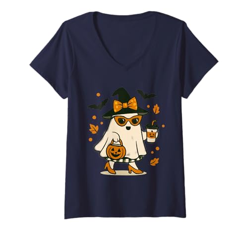 Damen Niedlicher Katzengeist mit Kürbissen, Halloween, Damen, Herren, Kinder T-Shirt mit V-Ausschnitt Damen Niedlicher Katzengeist mit Kürbissen, Halloween, Damen, Herren, Kinder T-Shirt mit V-Ausschnitt von Cat Ghost Halloween Tshirt Kids Boys Girls