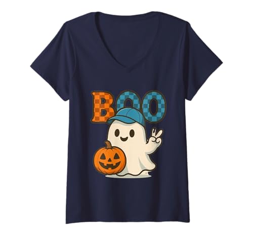 Damen Niedlicher Katzengeist mit Kürbissen, Halloween, Damen, Herren, Kinder T-Shirt mit V-Ausschnitt Damen Niedlicher Katzengeist mit Kürbissen, Halloween, Damen, Herren, Kinder T-Shirt mit V-Ausschnitt von Cat Ghost Halloween Tshirt Kids Boys Girls