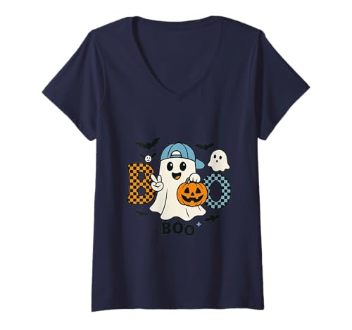 Damen Niedlicher Katzengeist mit Kürbissen, Halloween, Damen, Herren, Kinder T-Shirt mit V-Ausschnitt Damen Niedlicher Katzengeist mit Kürbissen, Halloween, Damen, Herren, Kinder T-Shirt mit V-Ausschnitt von Cat Ghost Halloween Tshirt Kids Boys Girls