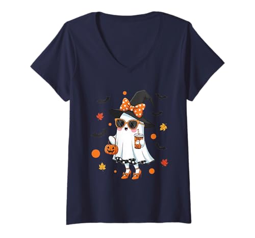 Damen Niedlicher Katzengeist mit Kürbissen, Halloween, Damen, Herren, Kinder T-Shirt mit V-Ausschnitt Damen Niedlicher Katzengeist mit Kürbissen, Halloween, Damen, Herren, Kinder T-Shirt mit V-Ausschnitt von Cat Ghost Halloween Tshirt Kids Boys Girls