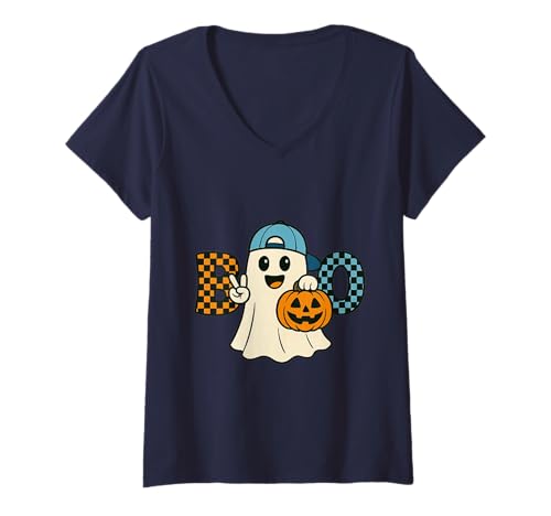 Damen Niedlicher Katzengeist mit Kürbissen, Halloween, Damen, Herren, Kinder T-Shirt mit V-Ausschnitt Damen Niedlicher Katzengeist mit Kürbissen, Halloween, Damen, Herren, Kinder T-Shirt mit V-Ausschnitt von Cat Ghost Halloween Tshirt Kids Boys Girls