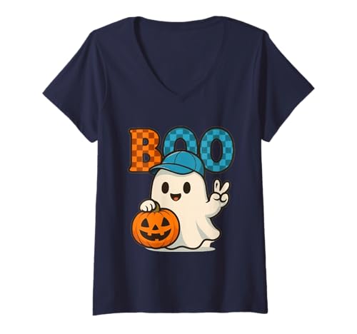 Damen Niedlicher Katzengeist mit Kürbissen, Halloween, Damen, Herren, Kinder T-Shirt mit V-Ausschnitt Damen Niedlicher Katzengeist mit Kürbissen, Halloween, Damen, Herren, Kinder T-Shirt mit V-Ausschnitt von Cat Ghost Halloween Tshirt Kids Boys Girls
