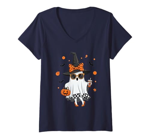 Damen Niedlicher Katzengeist mit Kürbissen, Halloween, Damen, Herren, Kinder T-Shirt mit V-Ausschnitt Damen Niedlicher Katzengeist mit Kürbissen, Halloween, Damen, Herren, Kinder T-Shirt mit V-Ausschnitt von Cat Ghost Halloween Tshirt Kids Boys Girls