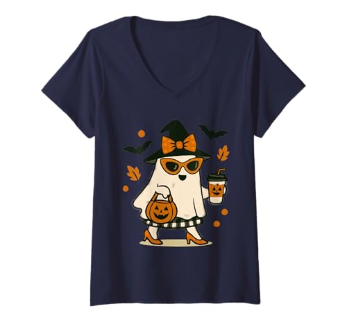 Damen Niedlicher Katzengeist mit Kürbissen, Halloween, Damen, Herren, Kinder T-Shirt mit V-Ausschnitt Damen Niedlicher Katzengeist mit Kürbissen, Halloween, Damen, Herren, Kinder T-Shirt mit V-Ausschnitt von Cat Ghost Halloween Tshirt Kids Boys Girls