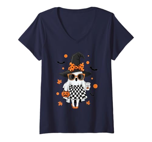 Damen Niedlicher Katzengeist mit Kürbissen, Halloween, Damen, Herren, Kinder T-Shirt mit V-Ausschnitt Damen Niedlicher Katzengeist mit Kürbissen, Halloween, Damen, Herren, Kinder T-Shirt mit V-Ausschnitt von Cat Ghost Halloween Tshirt Kids Boys Girls