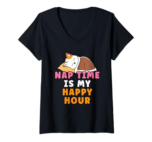Damen Nap Time is My Happy Hour Süße Cartoon-Katze beim Nickerchen T-Shirt mit V-Ausschnitt von Cat Gifts For Animal Lovers