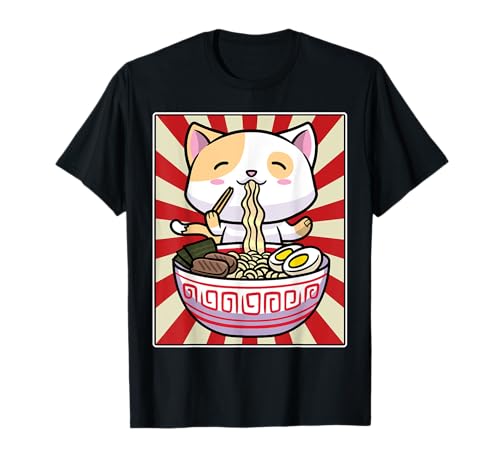Niedliche Katzen-Ramen-Schüssel, japanische Nudeln, Kawaii, Anime-Mädchen, Retro-Stil T-Shirt von Cat Gifts Funny MalCuteThemb