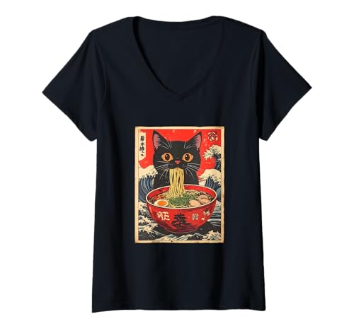 Damen Niedliche japanische Anime Foodie Cat Retro Kawaii Nudelschale T-Shirt mit V-Ausschnitt Damen Niedliche japanische Anime Foodie Cat Retro Kawaii Nudelschale T-Shirt mit V-Ausschnitt von Cat Gifts by TC