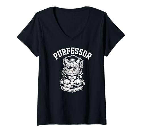 Damen Purfessor Cat Graduation Academic College Humor T-Shirt mit V-Ausschnitt von Cat Graduation Scholar Academic Humor Pun