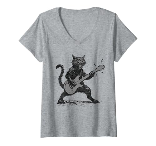 Damen Retro Katze spielt Gitarre Rockmusik Lustige Katzen Liebhaber Vintage T-Shirt mit V-Ausschnitt von Cat Guitar Rock Music Funny Cats lover Vintage