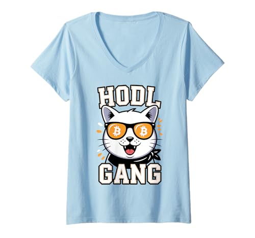 Damen Bitcoin HODL Katze T-Shirt mit V-Ausschnitt von Cat HODL Bitcoin Tees Co