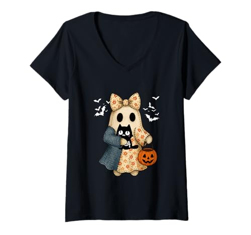 Damen Boo Fliege Umarmung Katze Cosplay Skelett Halloween T-Shirt mit V-Ausschnitt Damen Boo Fliege Umarmung Katze Cosplay Skelett Halloween T-Shirt mit V-Ausschnitt von Cat Halloween Costume
