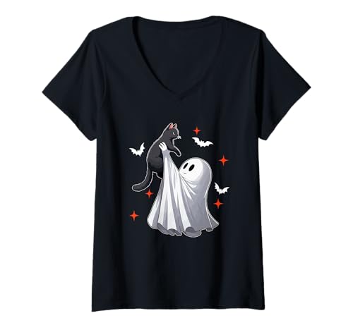 Damen Boo Ghost Hunging Cat Halloween Animal Lover Kids Family T-Shirt mit V-Ausschnitt Damen Boo Ghost Hunging Cat Halloween Animal Lover Kids Family T-Shirt mit V-Ausschnitt von Cat Halloween Costume