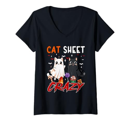 Damen Cat Sheet Crazy Halloween Two Cute Cats Cosplay Boo Ghost T-Shirt mit V-Ausschnitt Damen Cat Sheet Crazy Halloween Two Cute Cats Cosplay Boo Ghost T-Shirt mit V-Ausschnitt von Cat Halloween Costume