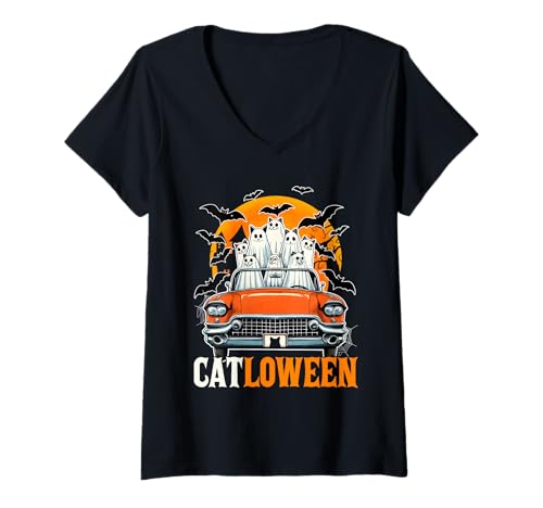 Damen Catloween Sarcastic Halloween Group Cats Cosplay Boos On Car T-Shirt mit V-Ausschnitt Damen Catloween Sarcastic Halloween Group Cats Cosplay Boos On Car T-Shirt mit V-Ausschnitt von Cat Halloween Costume