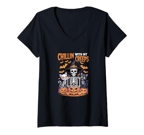 Damen Chillin with My Creeps Halloween Cats Skeleton As Witch T-Shirt mit V-Ausschnitt von Cat Halloween Costume